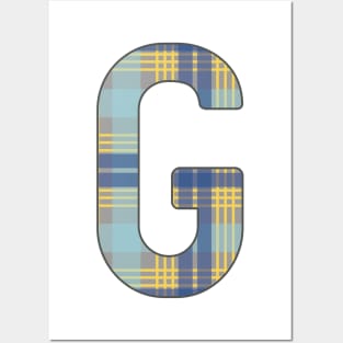 Monogram Letter G, Blue, Yellow and Grey Scottish Tartan Style Typography Design Posters and Art